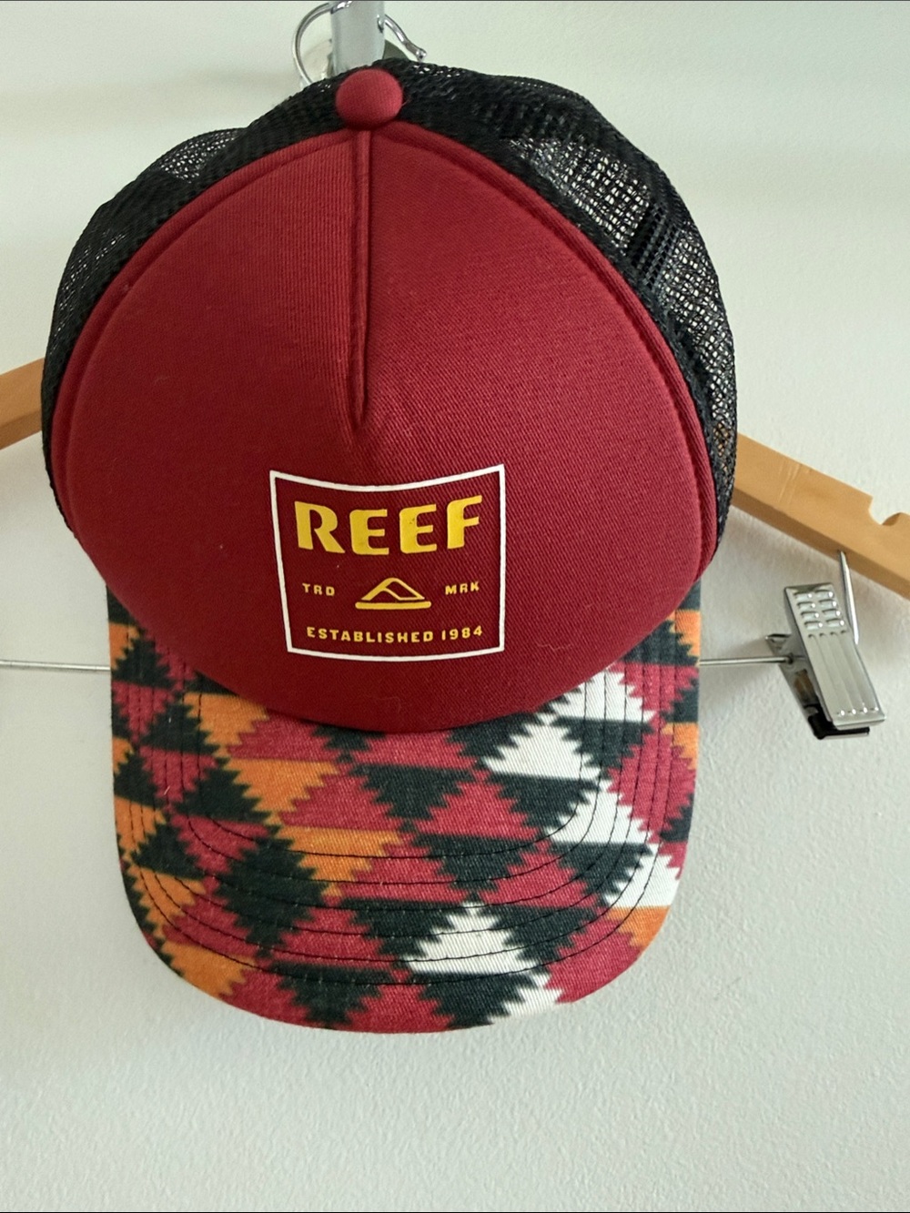 Reef Men's Maroon Trucker Hat with Multicolor Aztec Brim